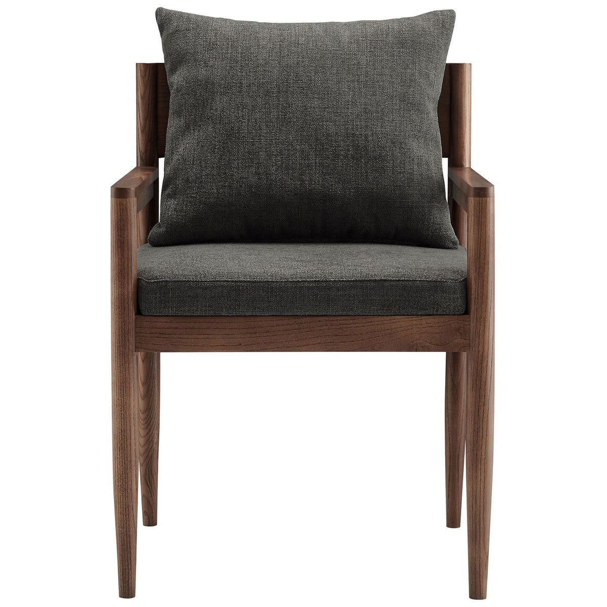 Charcoal upholstered dining armchair with open wood arms and plush back cushion || EEI-7243-CHA || front_studio