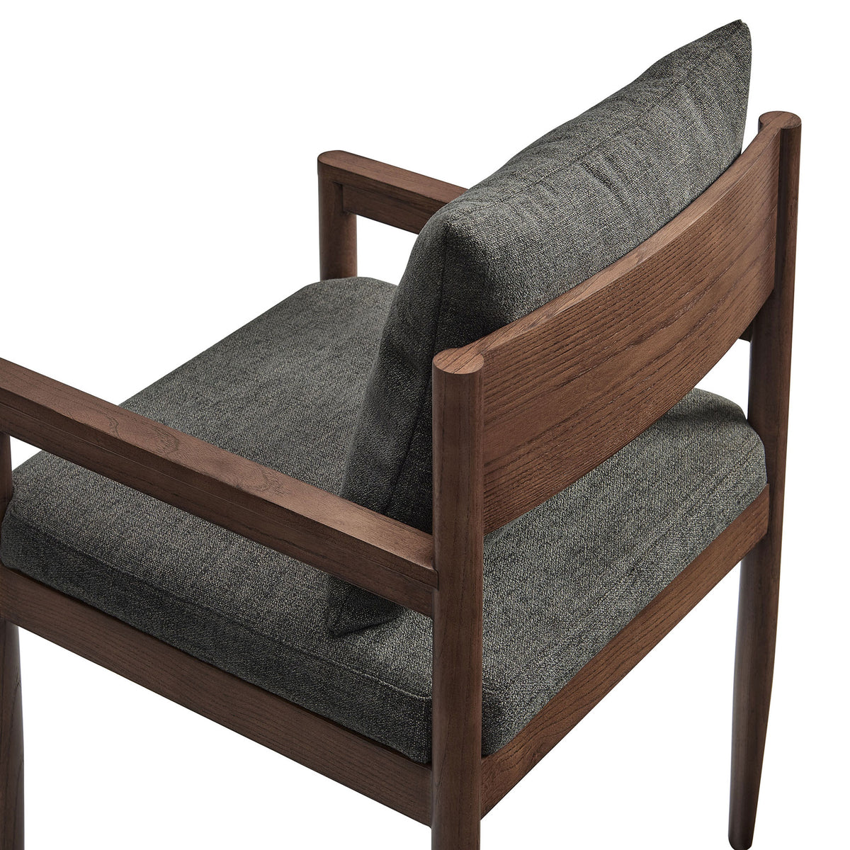 Detail of elm wood frame, slim armrest, and textured charcoal slub weave upholstery || EEI-7243-CHA || detail_studio