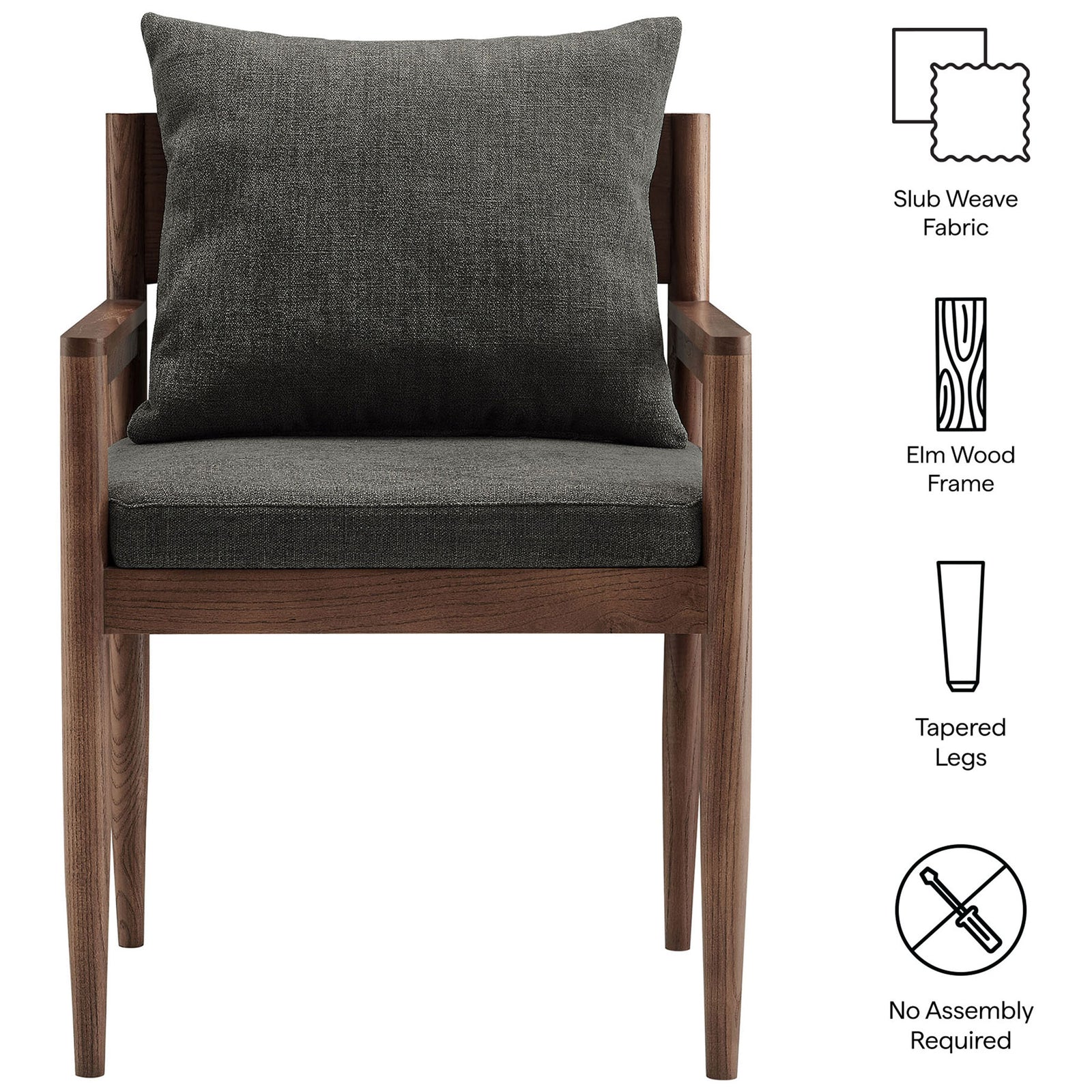 Remington armchair with feature icons for slub weave fabric, elm wood frame, tapered legs, and no assembly || EEI-7243-CHA || callout_studio