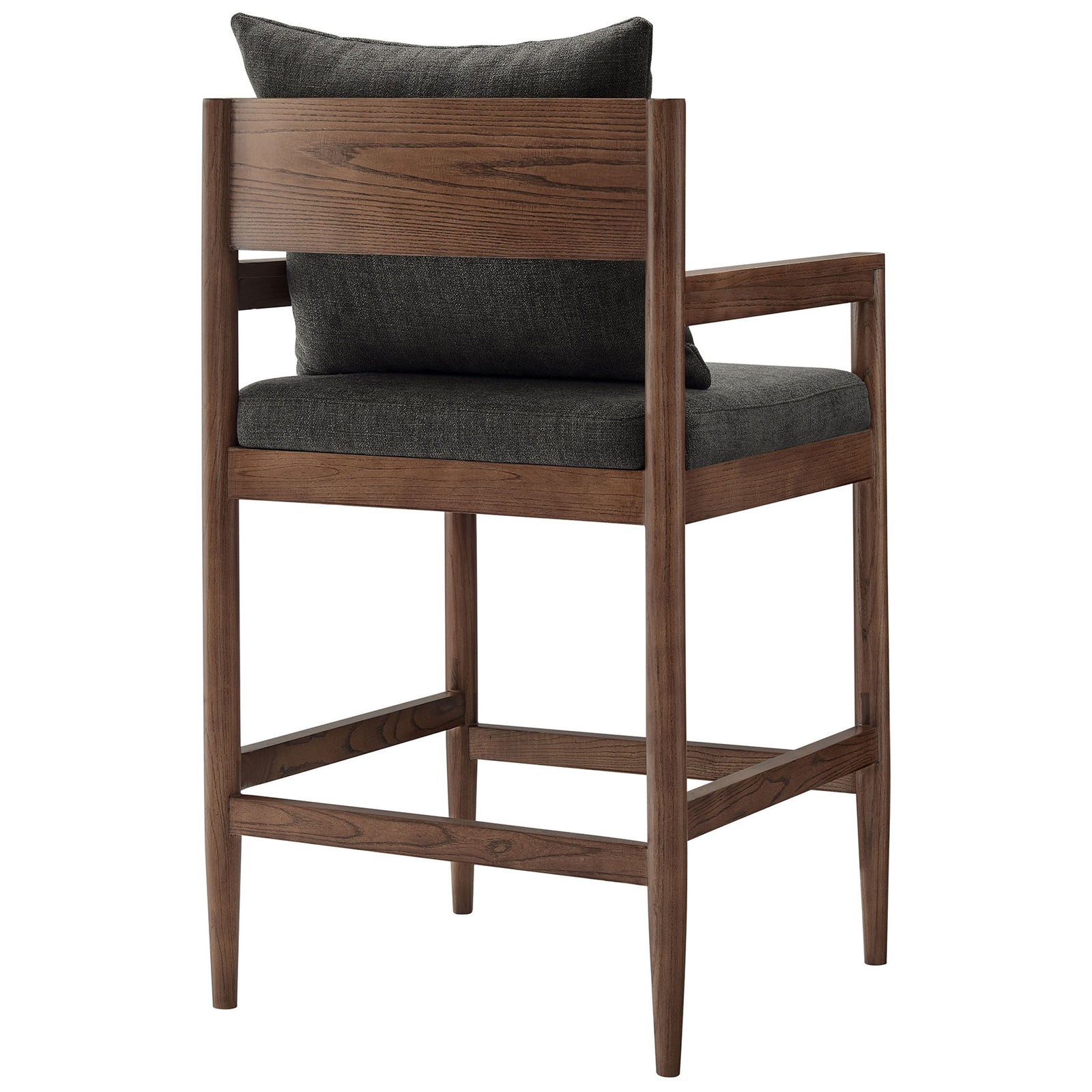 Warm elm grain wraps the open back, balancing airy design with a cushioned seat and pillow support. || EEI-7244-CHA || back_angle_studio