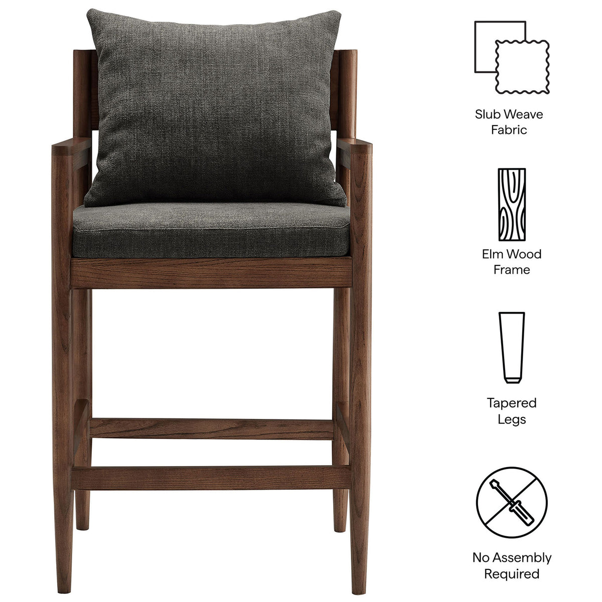 Slub weave upholstery, solid elm frame, tapered legs, and no-assembly design highlight quality. || EEI-7244-CHA || callout_studio