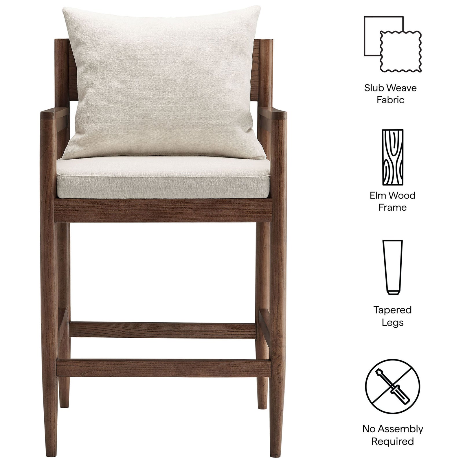 Key features include slub-weave fabric, elm wood frame, tapered legs, and no assembly required || EEI-7244-SAL || callout_studio