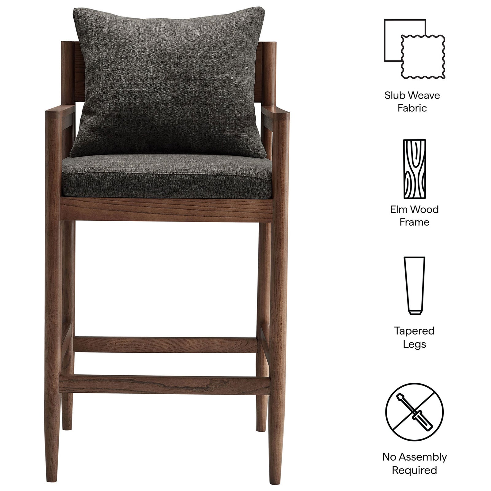 Features include slub weave upholstery, solid elm construction, tapered legs, and no-assembly design. || EEI-7245-CHA || callout_studio