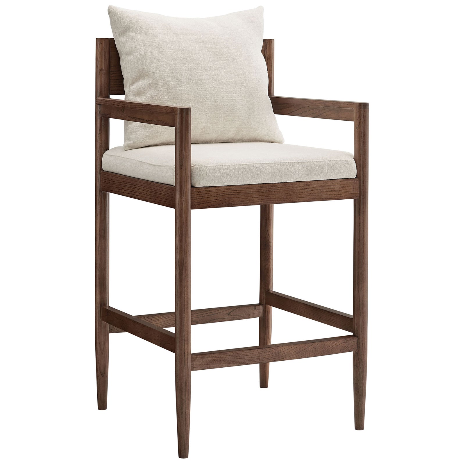 Clean-lined bar stool with integrated armrests, tapered legs, and a supportive foam-padded cushion || EEI-7245-SAL || front_angle_studio