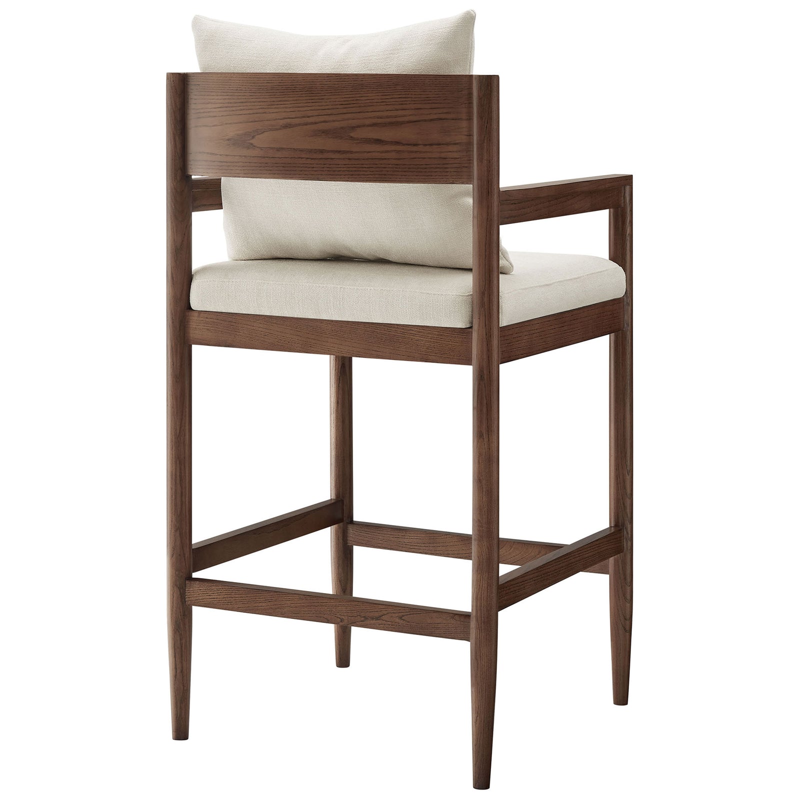Open-back wood frame with rich grain pairs with a removable pillow for modern bar seating || EEI-7245-SAL || back_angle_studio