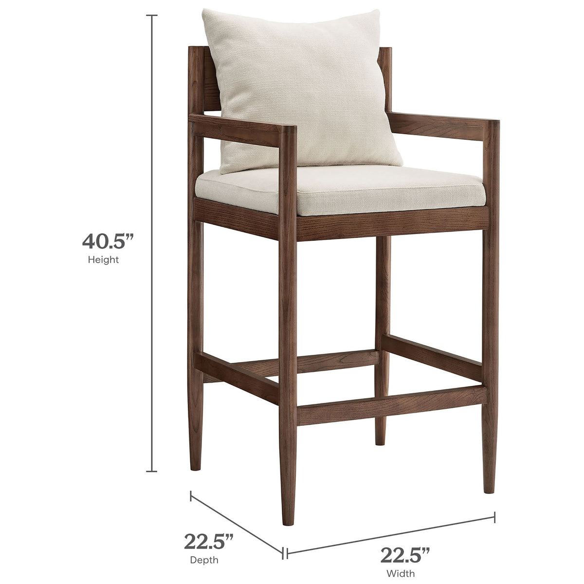 Dimensions outline a streamlined bar stool with a roomy seat and supportive back height || EEI-7245-SAL || dimension_studio