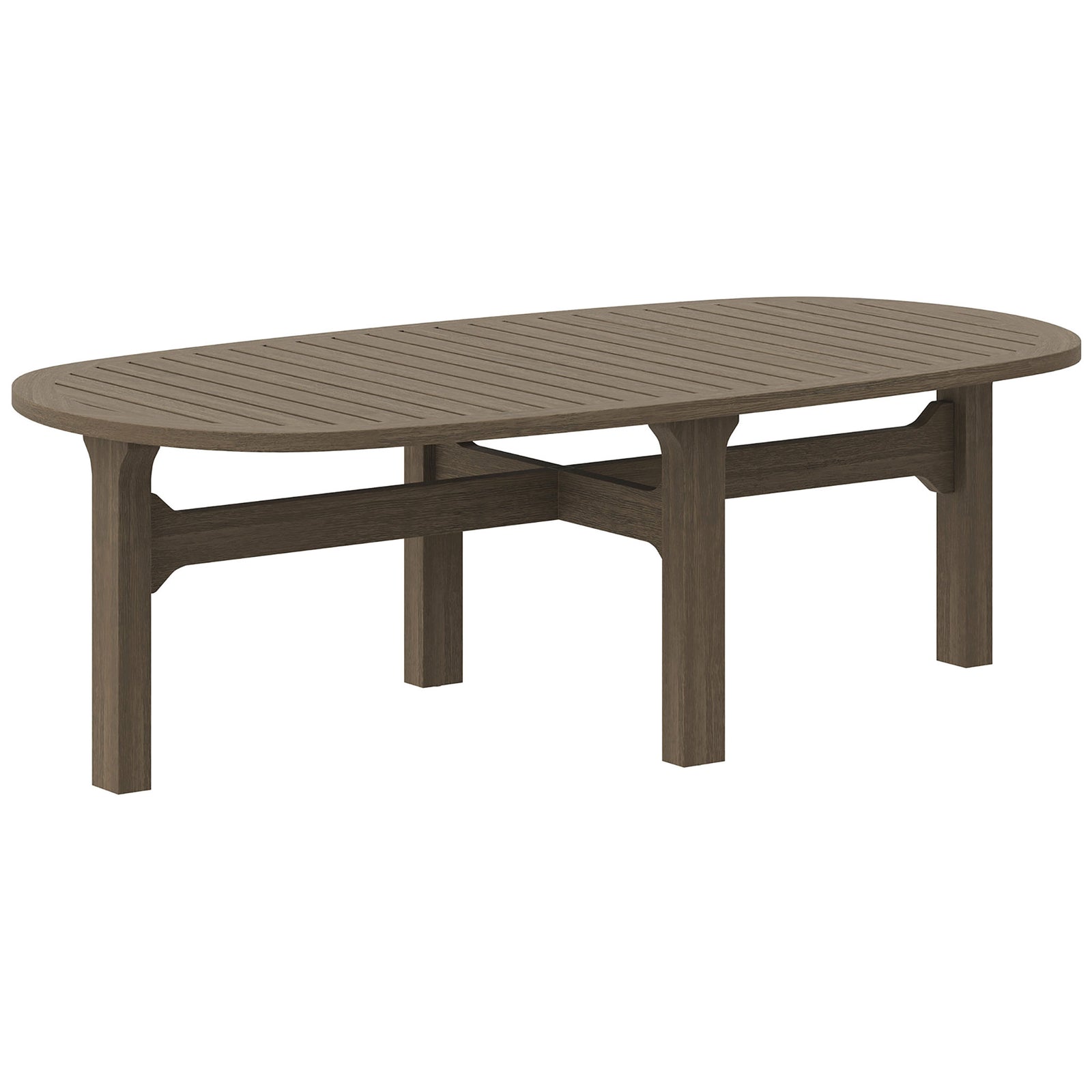 Weathered gray teak coffee table with oval slatted top and clean modern lines || EEI-7246-WGR || front_angle_studio