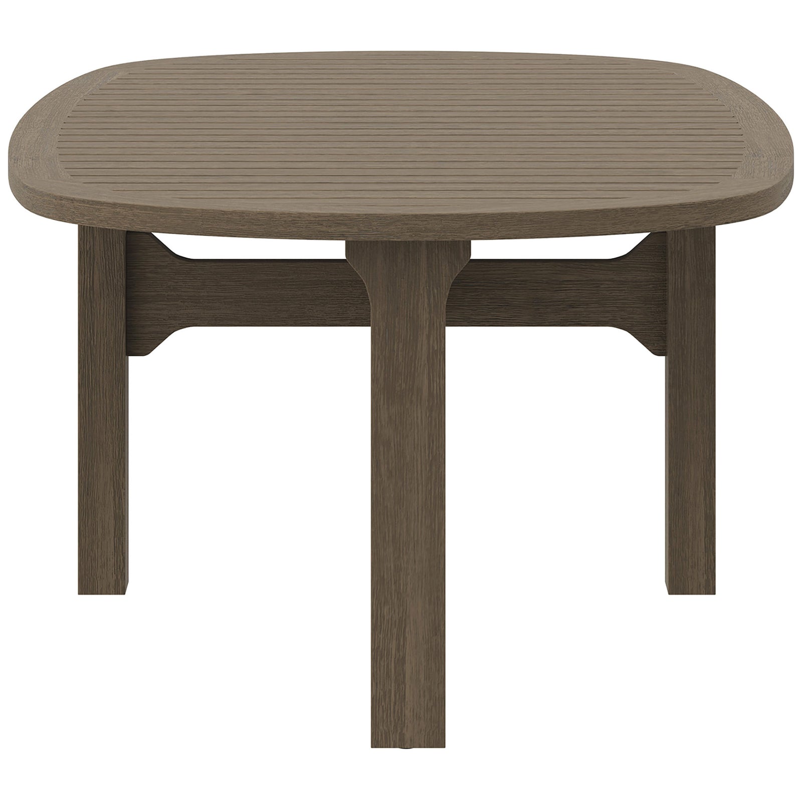 Low-profile oval outdoor teak coffee table in weathered gray with plank-style slatted top || EEI-7246-WGR || side_studio