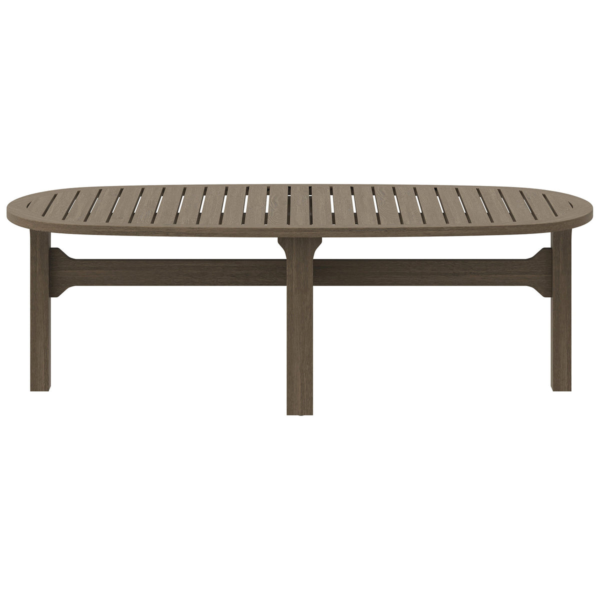 Oval weathered gray teak coffee table with slatted top and sturdy trestle-style base || EEI-7246-WGR || front_studio