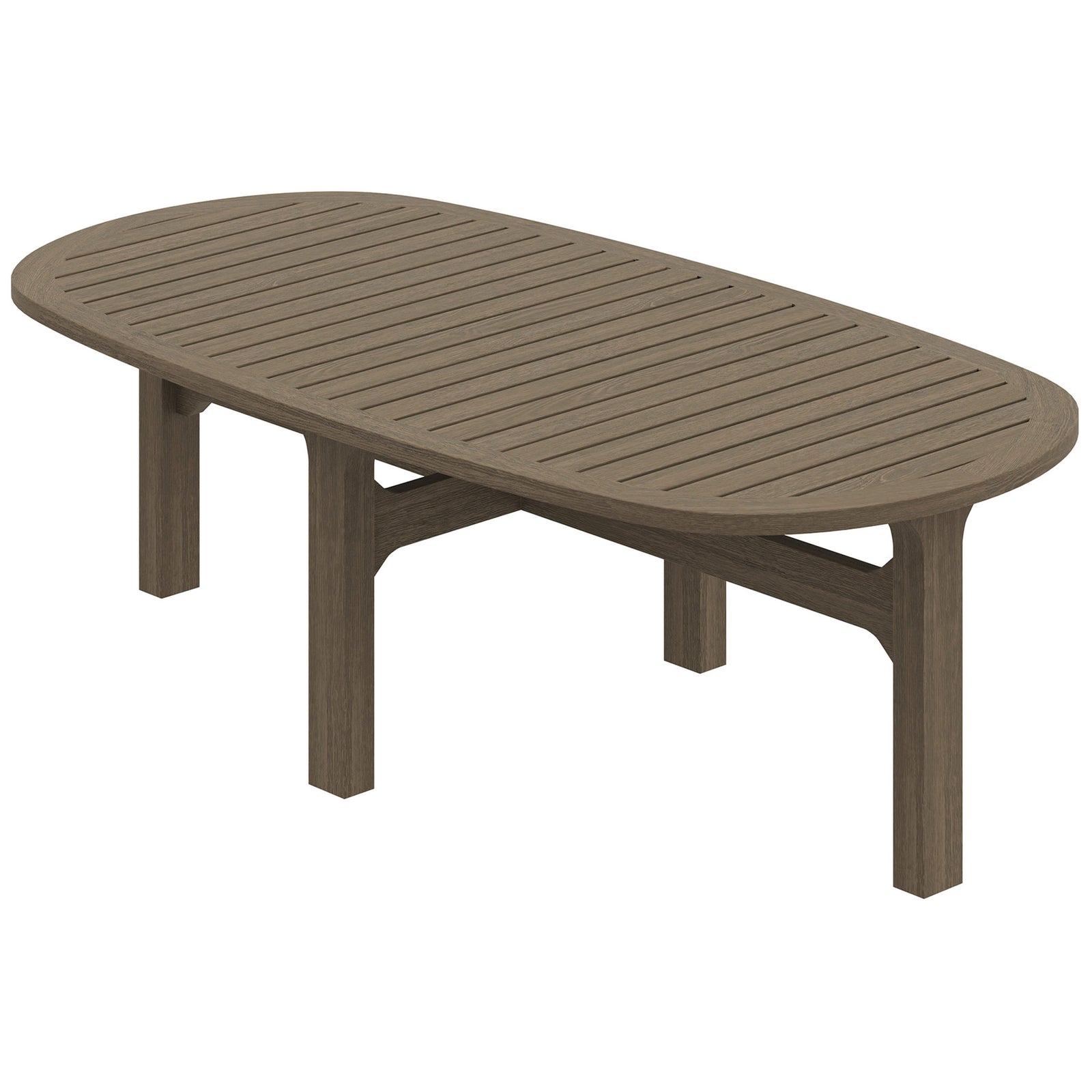 Oval teak coffee table in weathered gray showing slatted top and intersecting stretcher base || EEI-7246-WGR || front_angle_studio