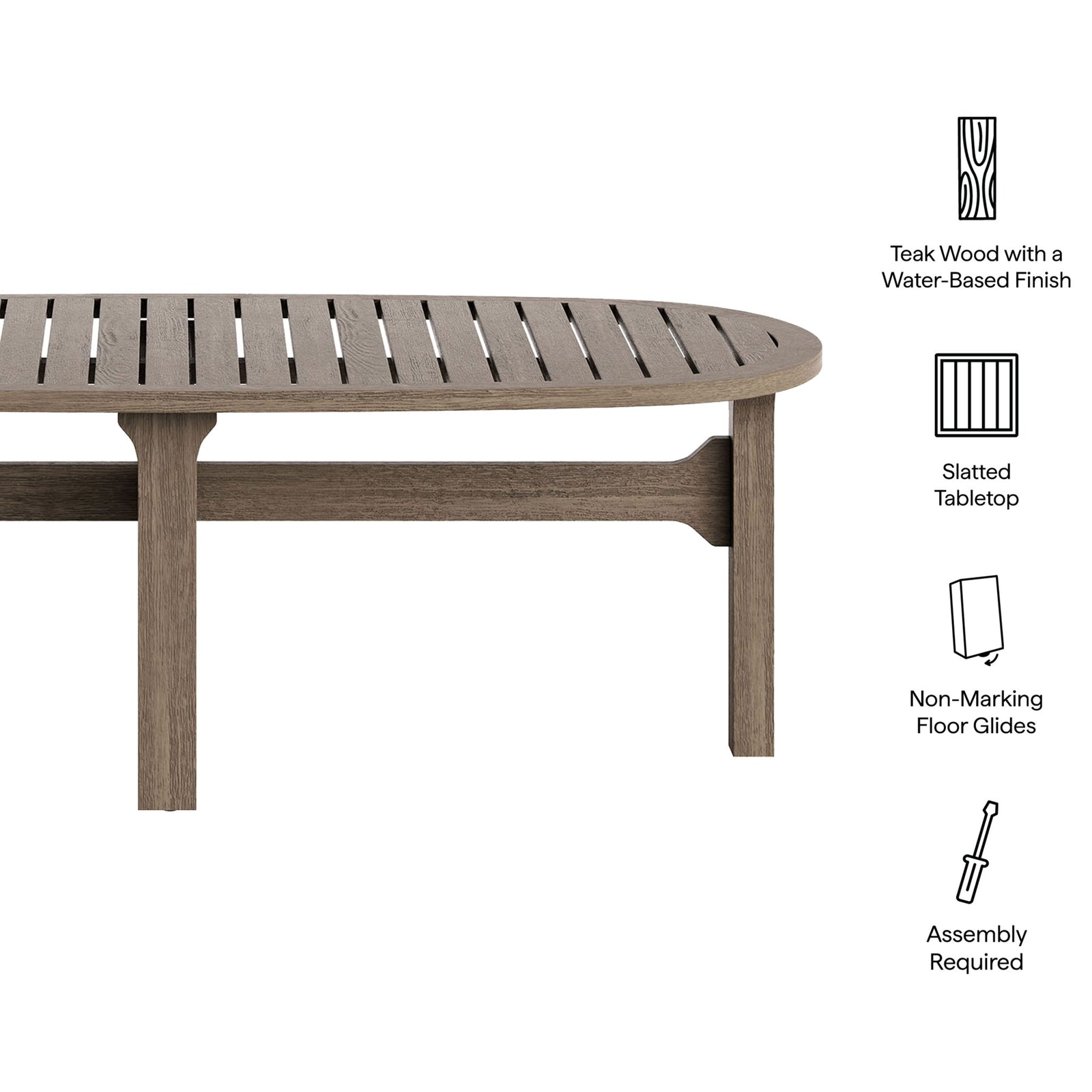 Key features of the Saratoga oval teak coffee table including slatted top water-based finish and floor glides || EEI-7246-WGR || callout_studio