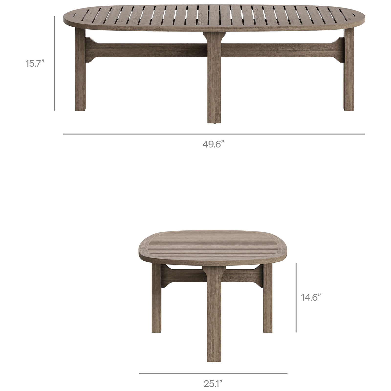 Dimensions of the Saratoga oval teak coffee table with 49.6 inch length 25.1 inch width and 15.7 inch height || EEI-7246-WGR || dimension_studio