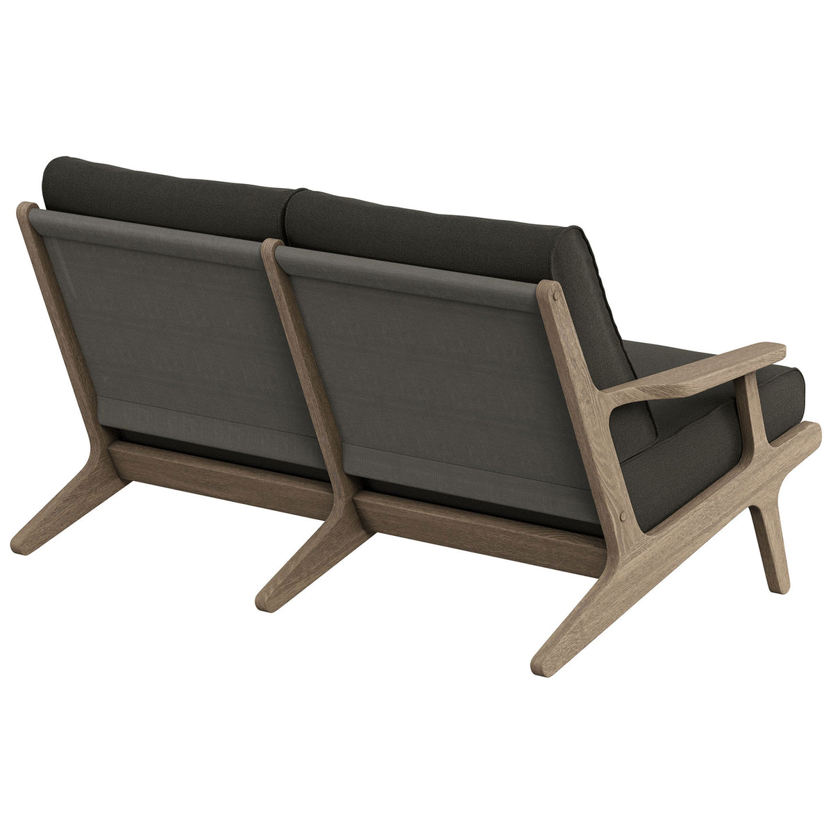 Saratoga loveseat highlighting the supportive slatted back and tailored flint gray cushions. || EEI-7247-WGR-FLI || back_angle_studio