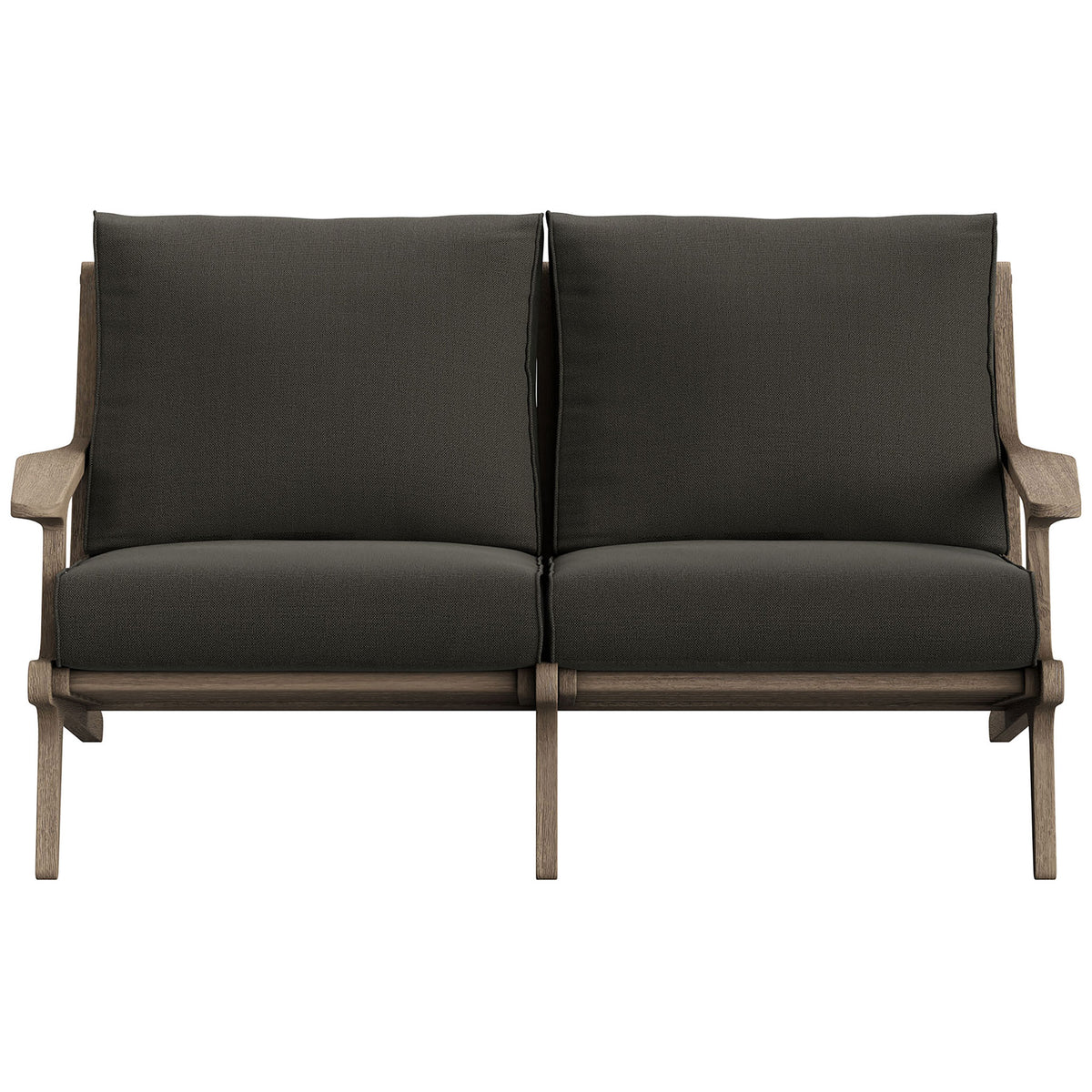 Saratoga teak outdoor loveseat with flint gray cushions and sculpted mid-century frame. || EEI-7247-WGR-FLI || front_studio