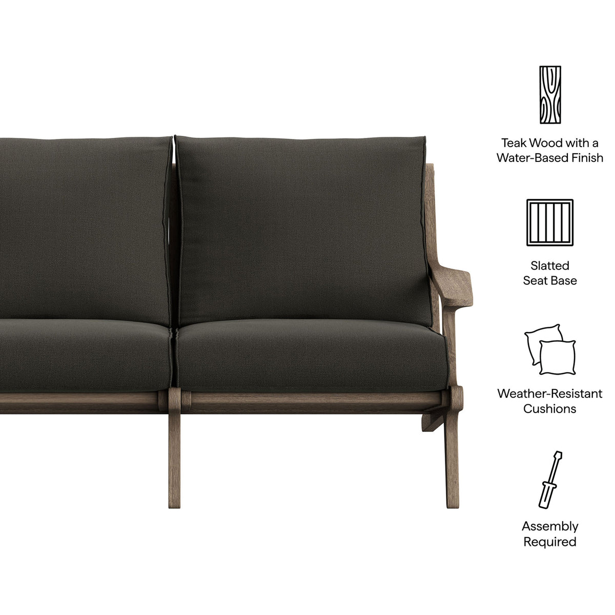 Saratoga loveseat with feature icons for teak wood frame, slatted seat, and weather-resistant cushions. || EEI-7247-WGR-FLI || callout_studio
