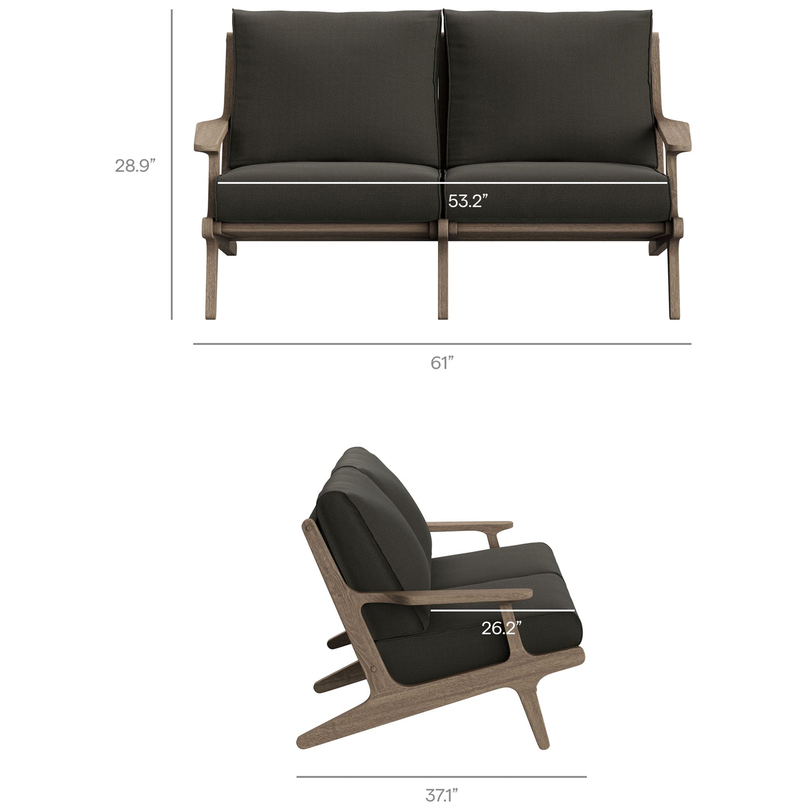 Saratoga teak outdoor loveseat with diagrammed dimensions for overall width, height, and seat depth. || EEI-7247-WGR-FLI || dimension_studio