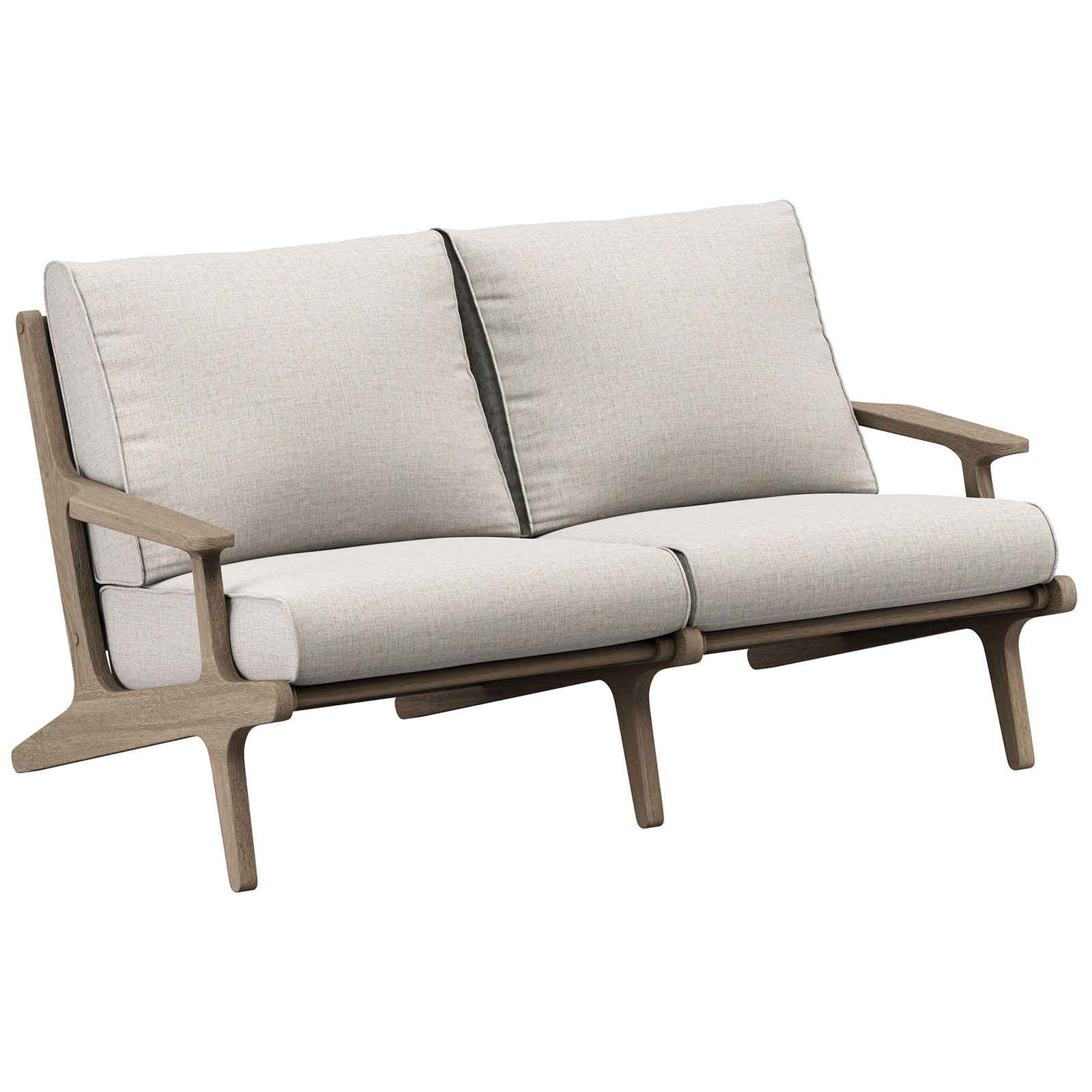 Saratoga loveseat showcasing soft pebble cushions and warm teak frame for inviting outdoor seating. || EEI-7247-WGR-PEB || front_angle_studio