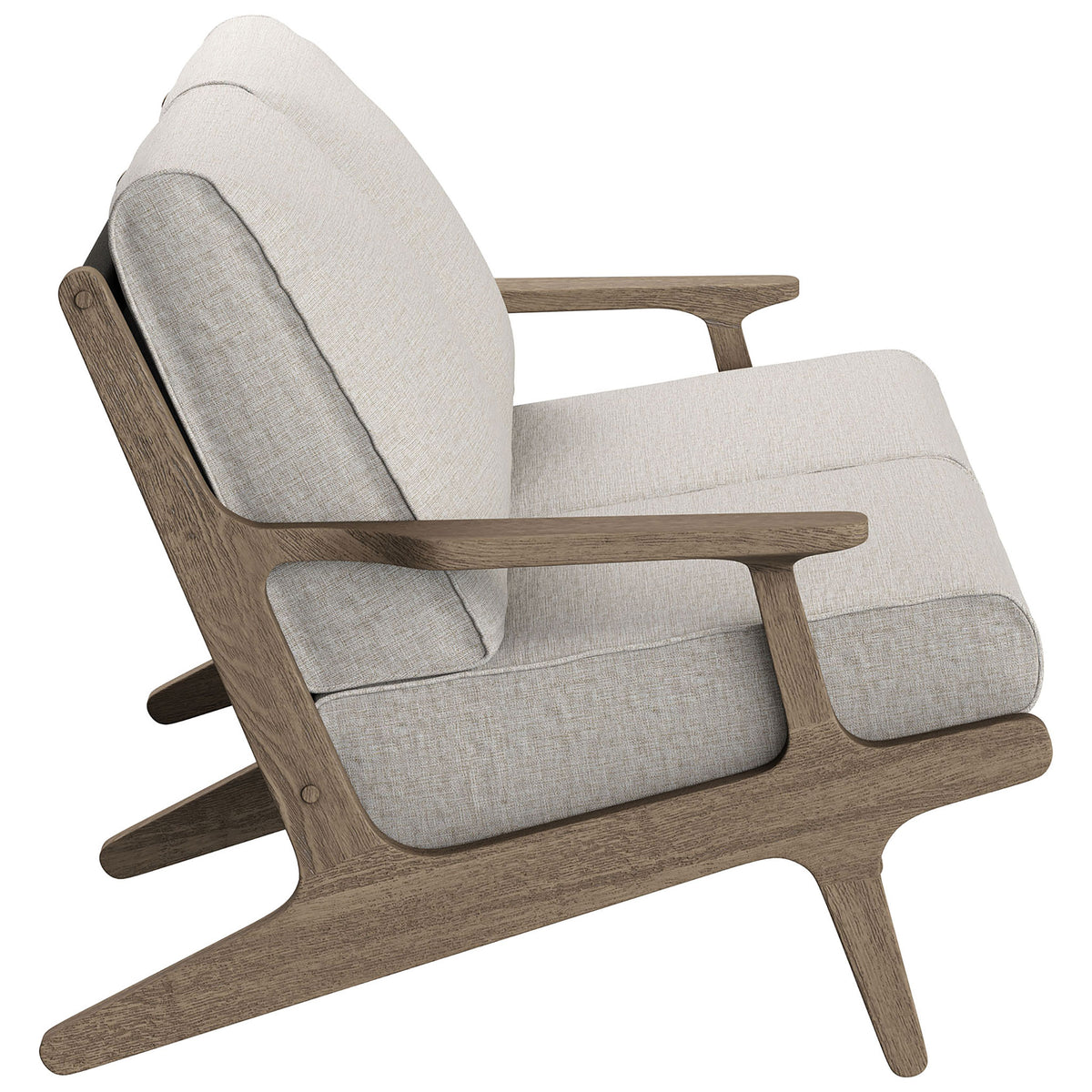Saratoga loveseat profile highlighting the sculpted teak arm and plush pebble seat cushions. || EEI-7247-WGR-PEB || side_studio