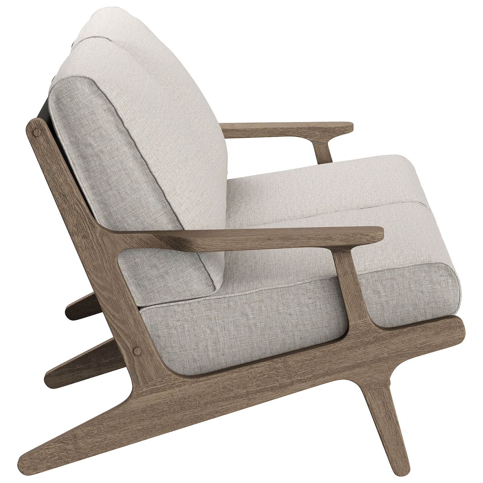 Saratoga loveseat profile highlighting the sculpted teak arm and plush pebble seat cushions. || EEI-7247-WGR-PEB || side_studio
