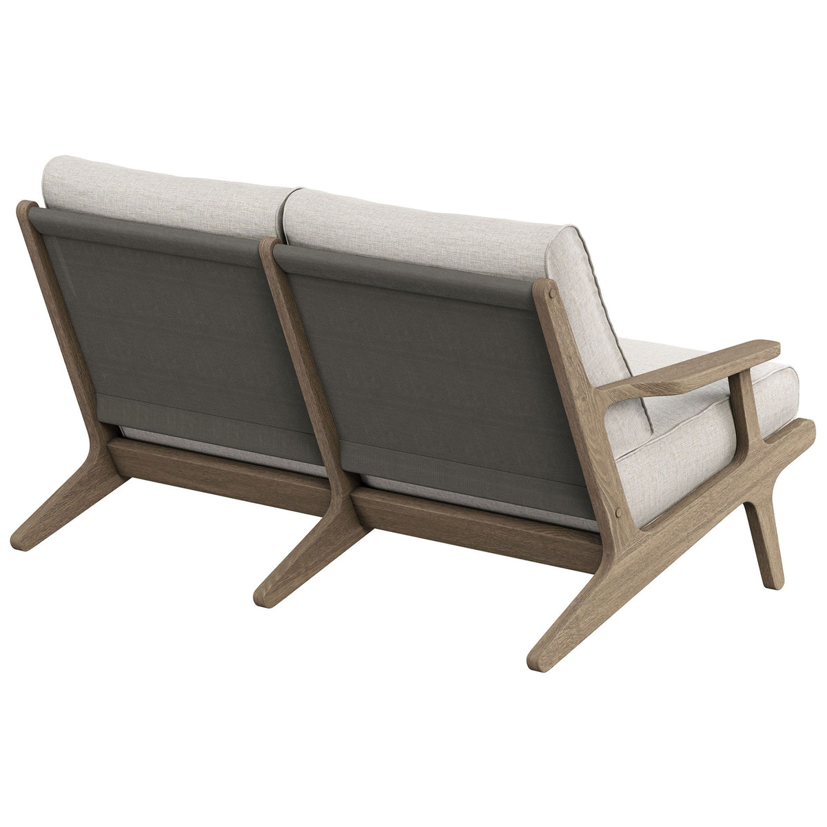 Saratoga loveseat showing the supportive slatted back with neatly tailored pebble cushions. || EEI-7247-WGR-PEB || back_angle_studio