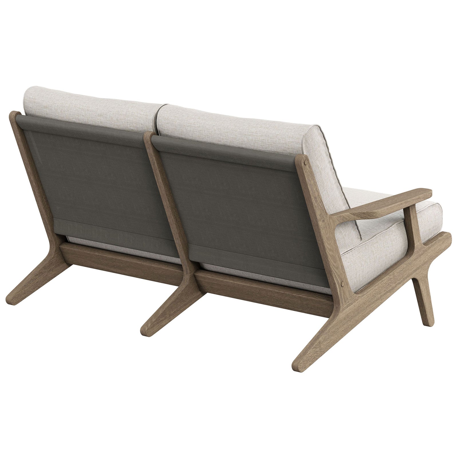 Saratoga loveseat showing the supportive slatted back with neatly tailored pebble cushions. || EEI-7247-WGR-PEB || back_angle_studio