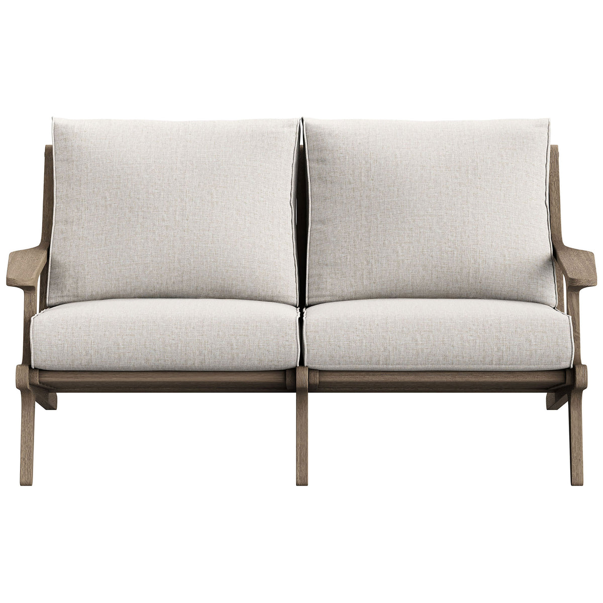 Saratoga teak outdoor loveseat with pebble cushions and clean lines for modern patio comfort. || EEI-7247-WGR-PEB || front_studio