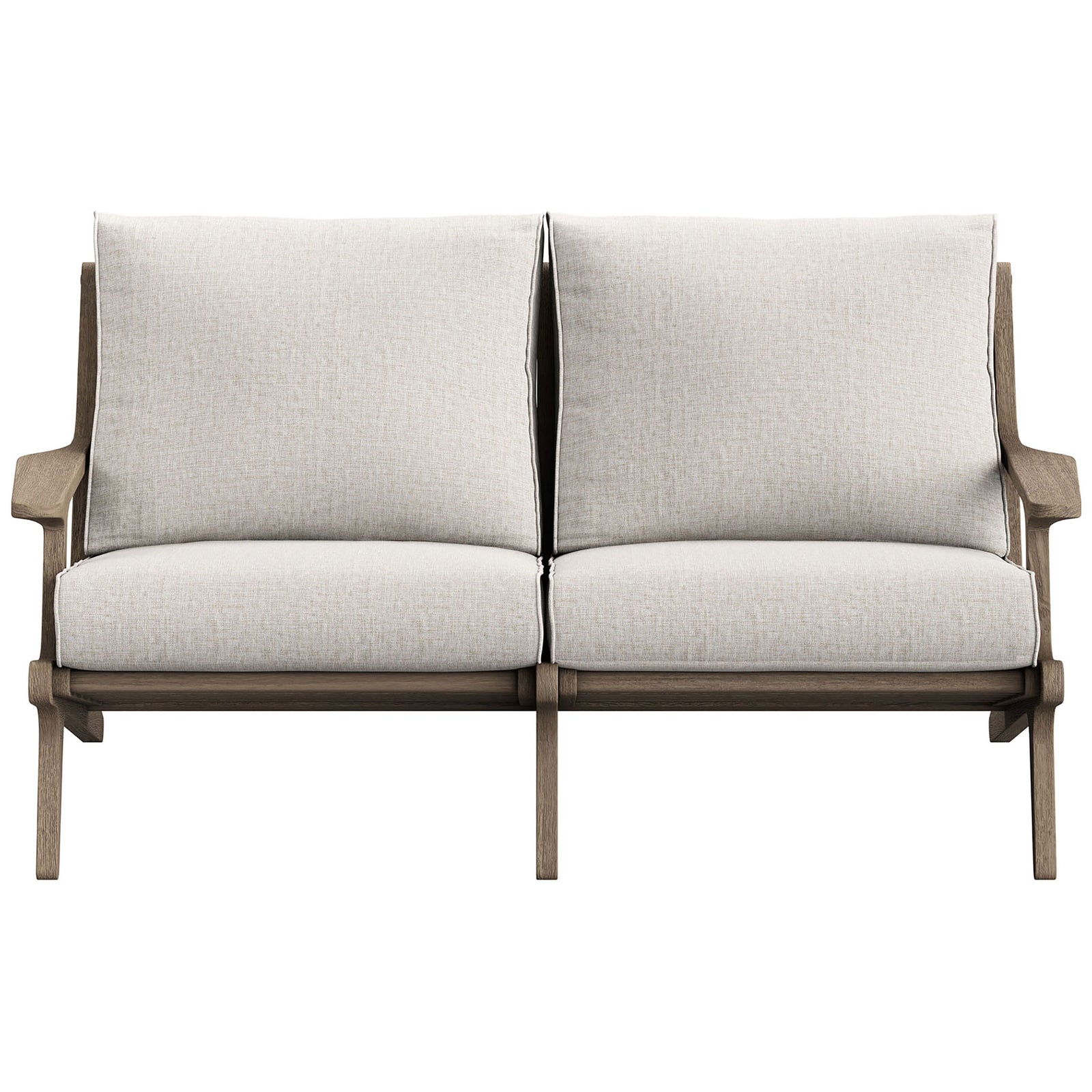 Saratoga teak outdoor loveseat with pebble cushions and clean lines for modern patio comfort. || EEI-7247-WGR-PEB || front_studio