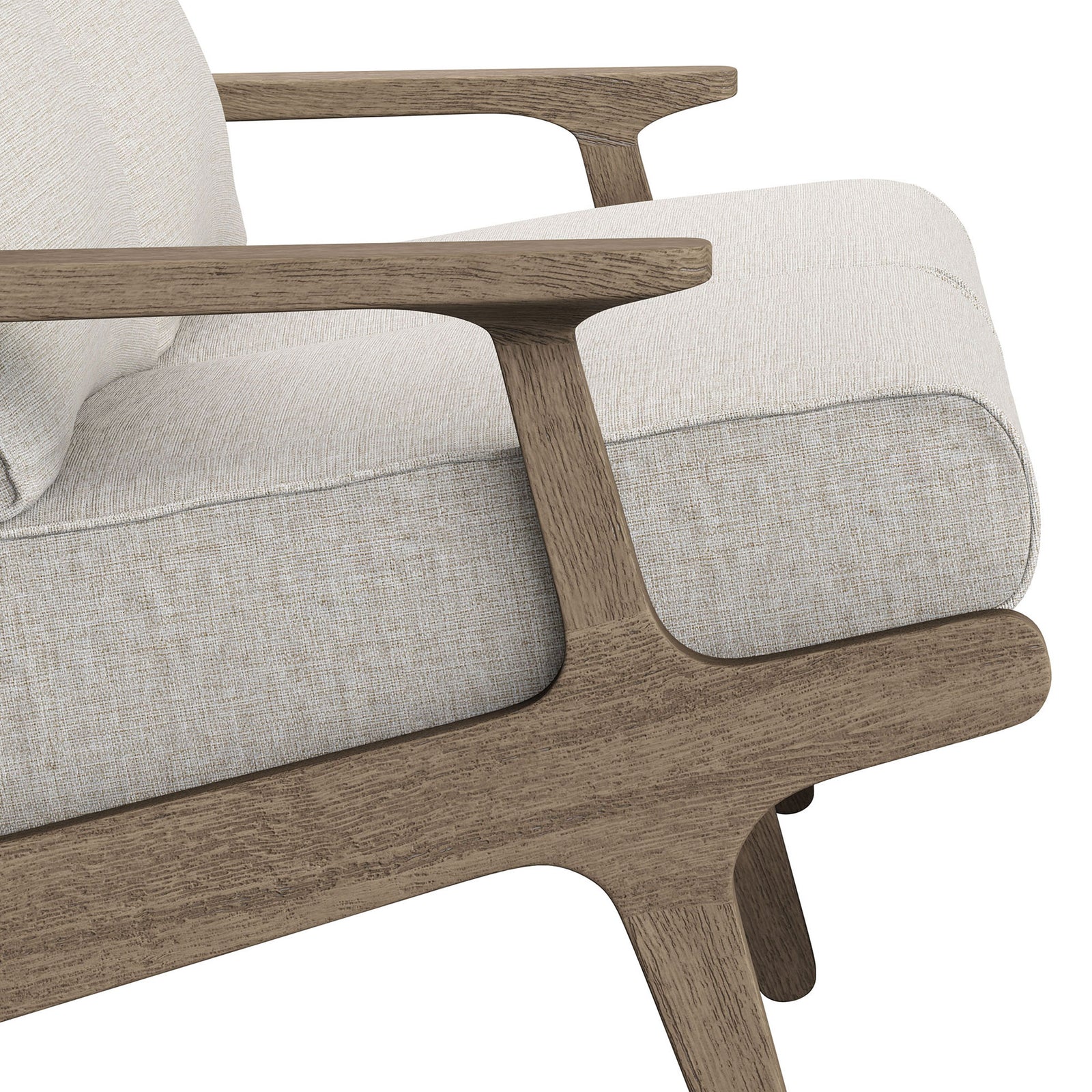 Saratoga loveseat featuring smooth teak armrest paired with softly textured pebble cushion fabric. || EEI-7247-WGR-PEB || detail_studio