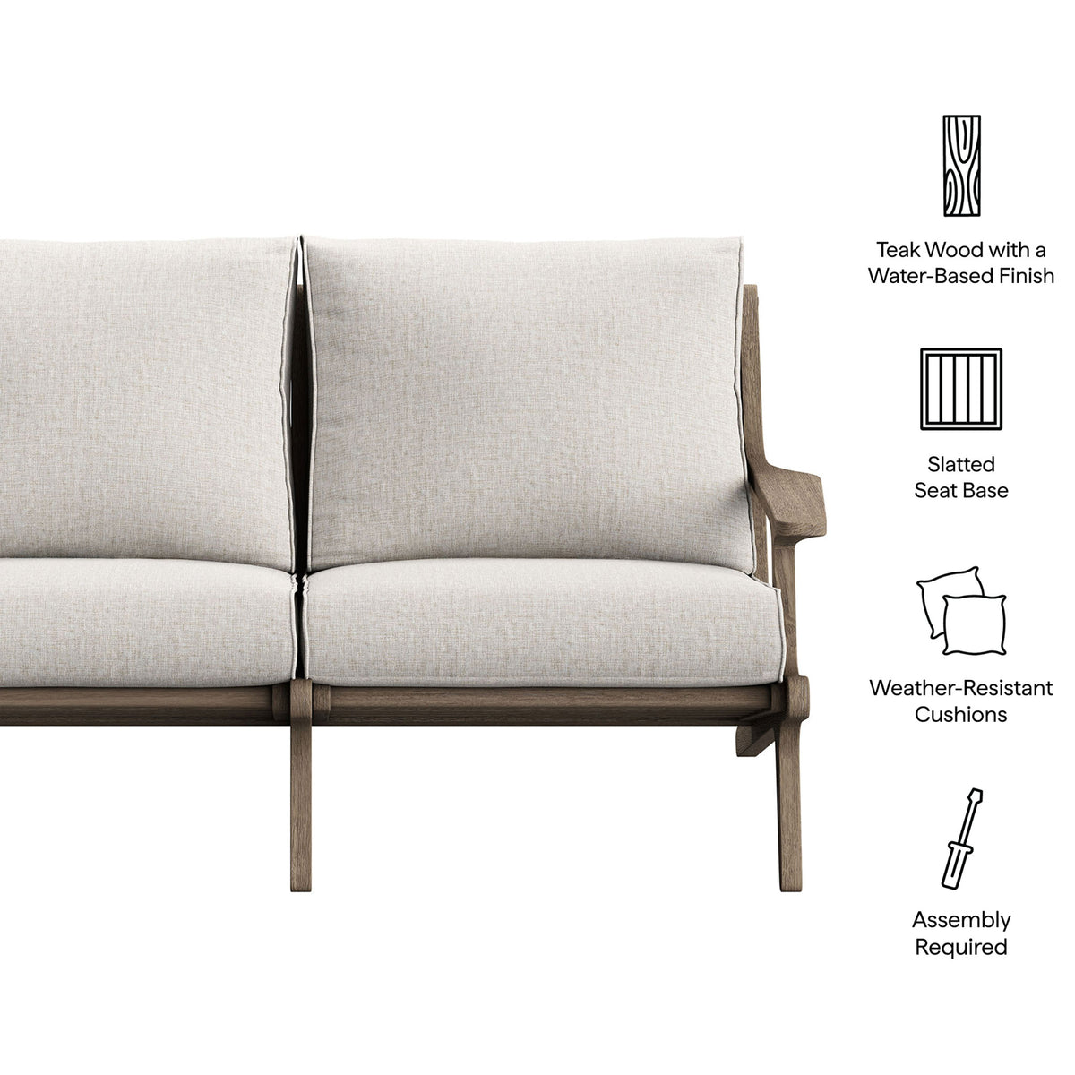 Saratoga loveseat with icons calling out teak frame, slatted seat base, and weather-ready cushions. || EEI-7247-WGR-PEB || callout_studio