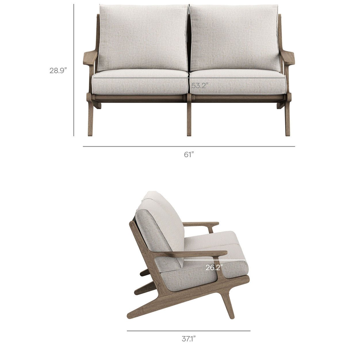 Saratoga teak outdoor loveseat with labeled measurements for overall size and generous seat depth. || EEI-7247-WGR-PEB || dimension_studio