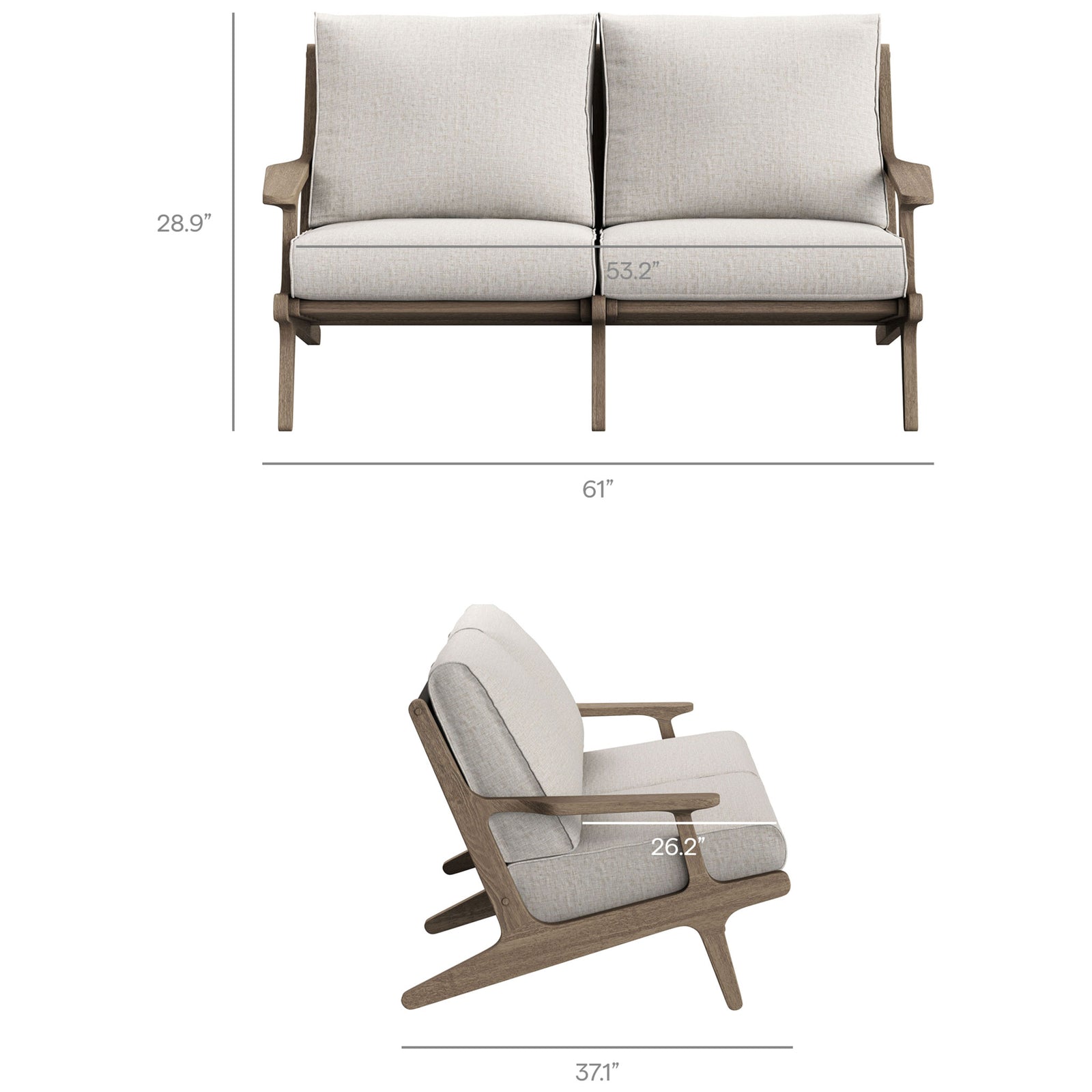 Saratoga teak outdoor loveseat with labeled measurements for overall size and generous seat depth. || EEI-7247-WGR-PEB || dimension_studio