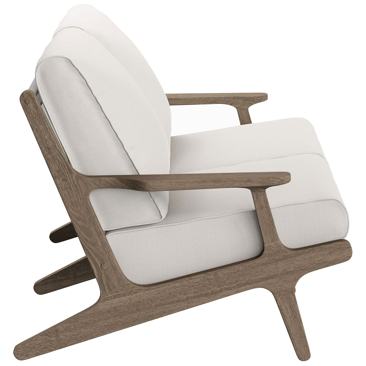 Saratoga loveseat profile emphasizing the gently angled teak arms and thick white cushions. || EEI-7247-WGR-WHI || side_studio
