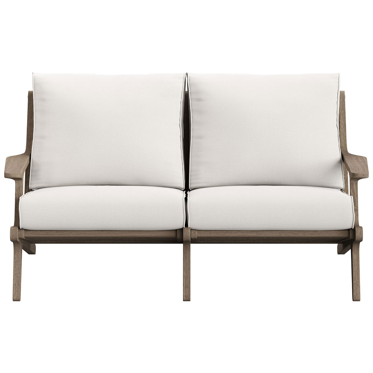 Saratoga teak outdoor loveseat with crisp white cushions and refined modern silhouette. || EEI-7247-WGR-WHI || front_studio