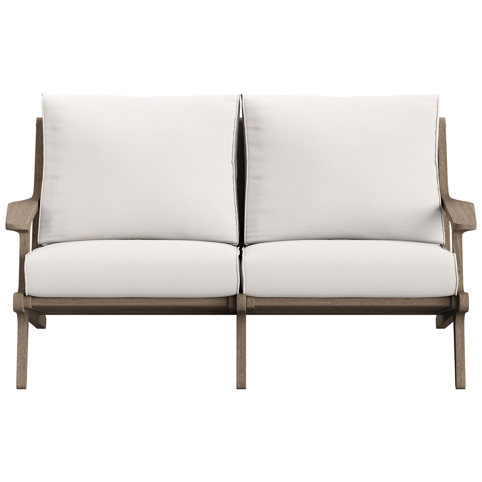 Saratoga teak outdoor loveseat with crisp white cushions and refined modern silhouette. || EEI-7247-WGR-WHI || front_studio