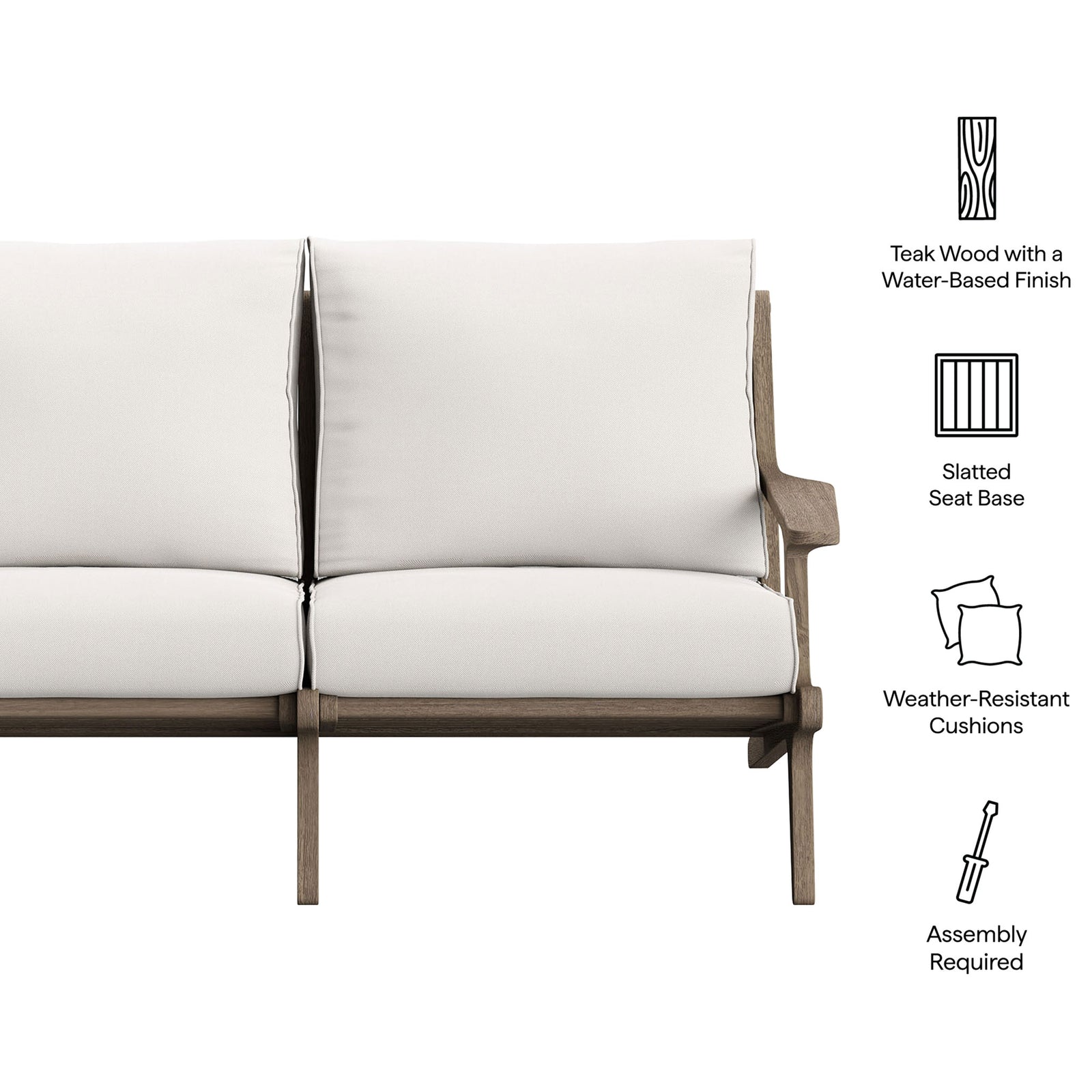 Saratoga loveseat with graphic icons highlighting teak wood, slatted seat base, and weather-resistant cushions. || EEI-7247-WGR-WHI || callout_studio
