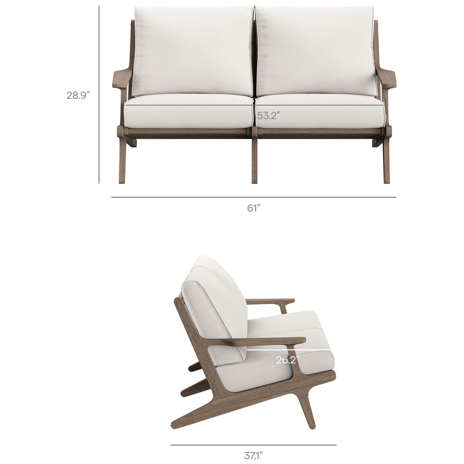 Saratoga teak outdoor loveseat with dimension lines marking overall height, width, and generous seat depth. || EEI-7247-WGR-WHI || dimension_studio