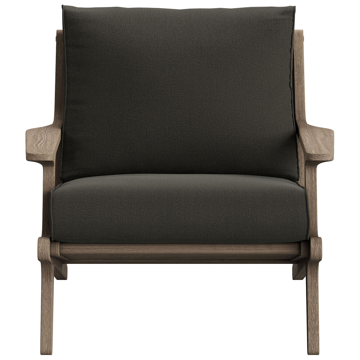 Saratoga flint gray outdoor lounge chair with generous cushions and sculpted teak arms || EEI-7248-WGR-FLI || front_studio