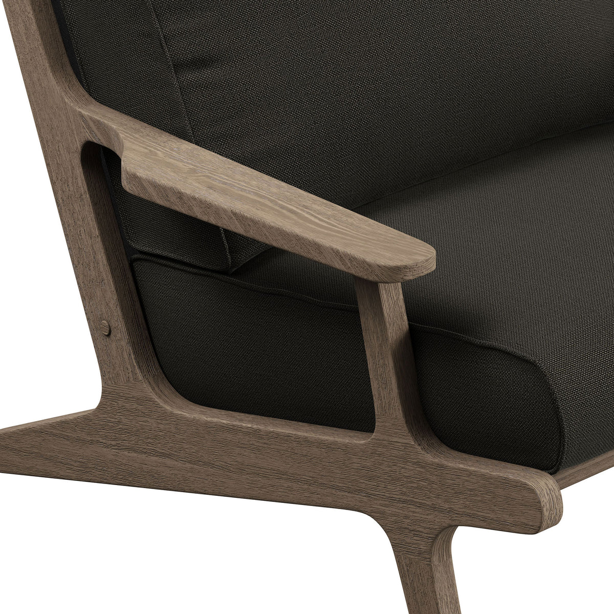 Refined Saratoga flint gray chair armrest with thick cushion on smooth teak frame || EEI-7248-WGR-FLI || detail_studio