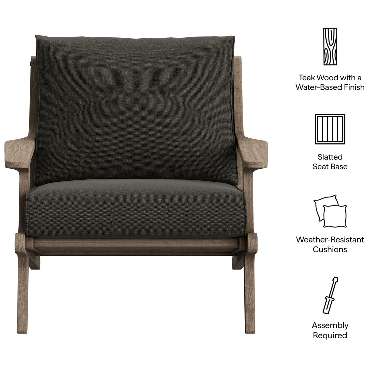 Saratoga flint gray teak armchair highlighting water-based finish, slatted base, and easy care cushions || EEI-7248-WGR-FLI || callout_studio