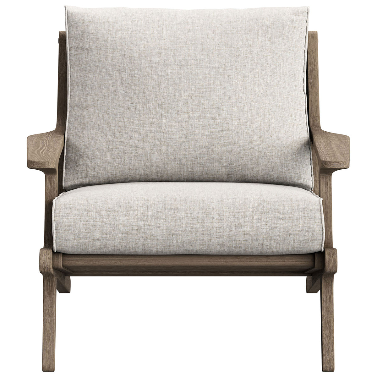 Saratoga pebble outdoor lounge chair with soft neutral cushions and sculpted teak arms || EEI-7248-WGR-PEB || front_studio