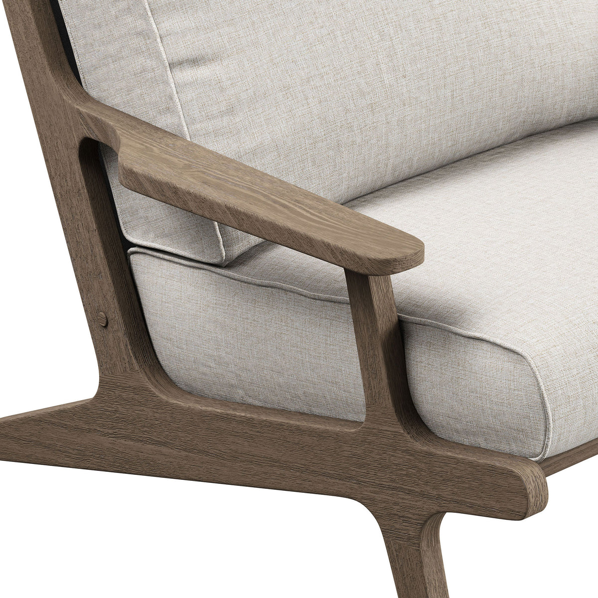 Refined Saratoga pebble chair armrest with thick cushion on smooth weathered teak frame || EEI-7248-WGR-PEB || detail_studio