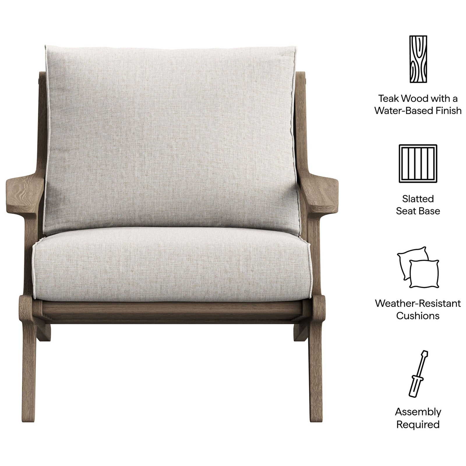Saratoga pebble teak armchair highlighting water-based finish, slatted seat, and weather resistant cushions || EEI-7248-WGR-PEB || callout_studio
