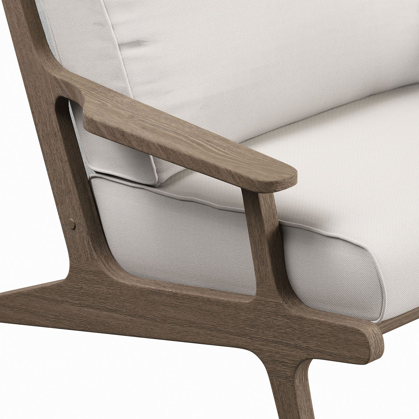 Refined Saratoga white chair armrest with thick cushion on smooth weathered teak frame || EEI-7248-WGR-WHI || detail_studio