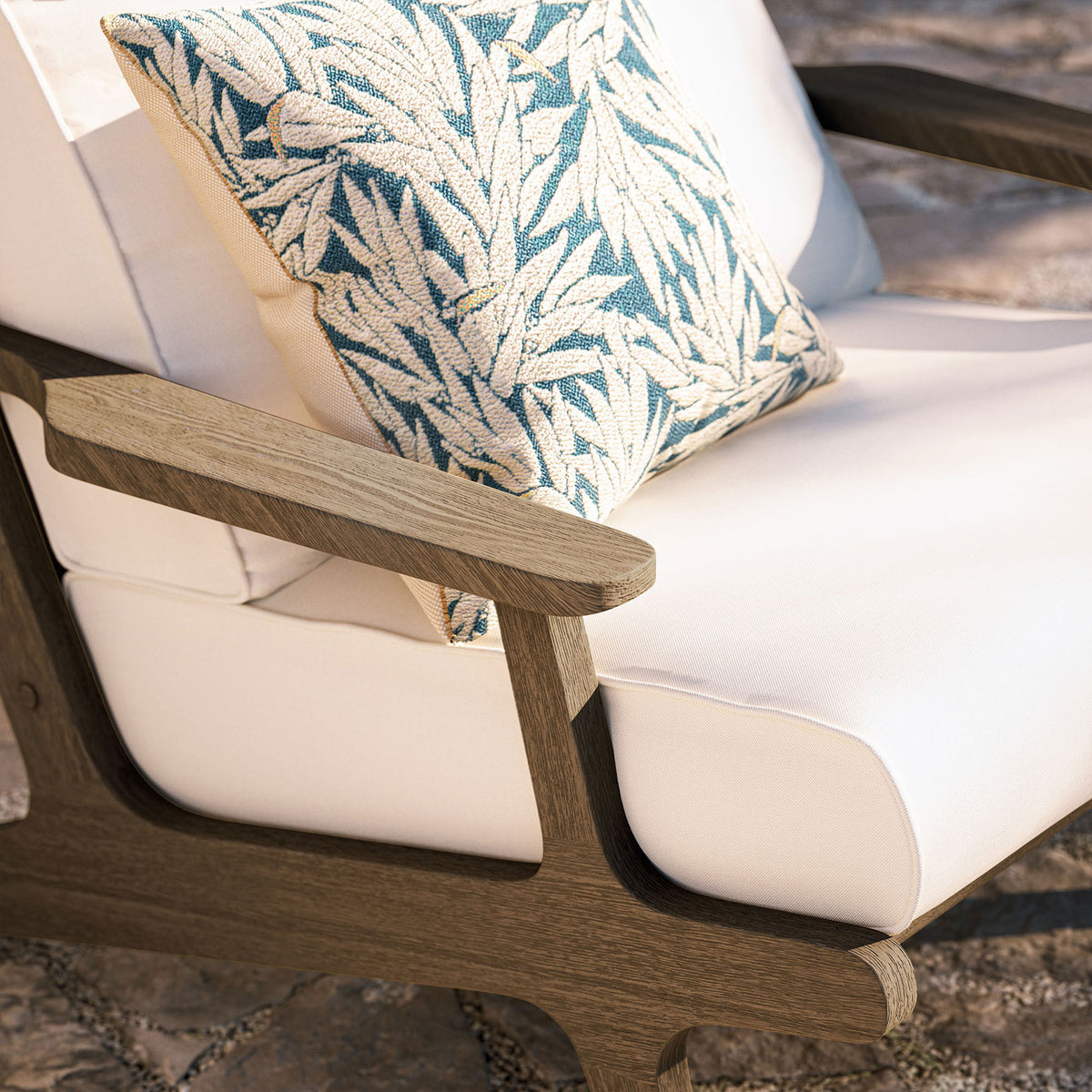 Saratoga white chair armrest and cushion styled with a tropical pattern outdoor pillow || EEI-7248-WGR-WHI || detail_room