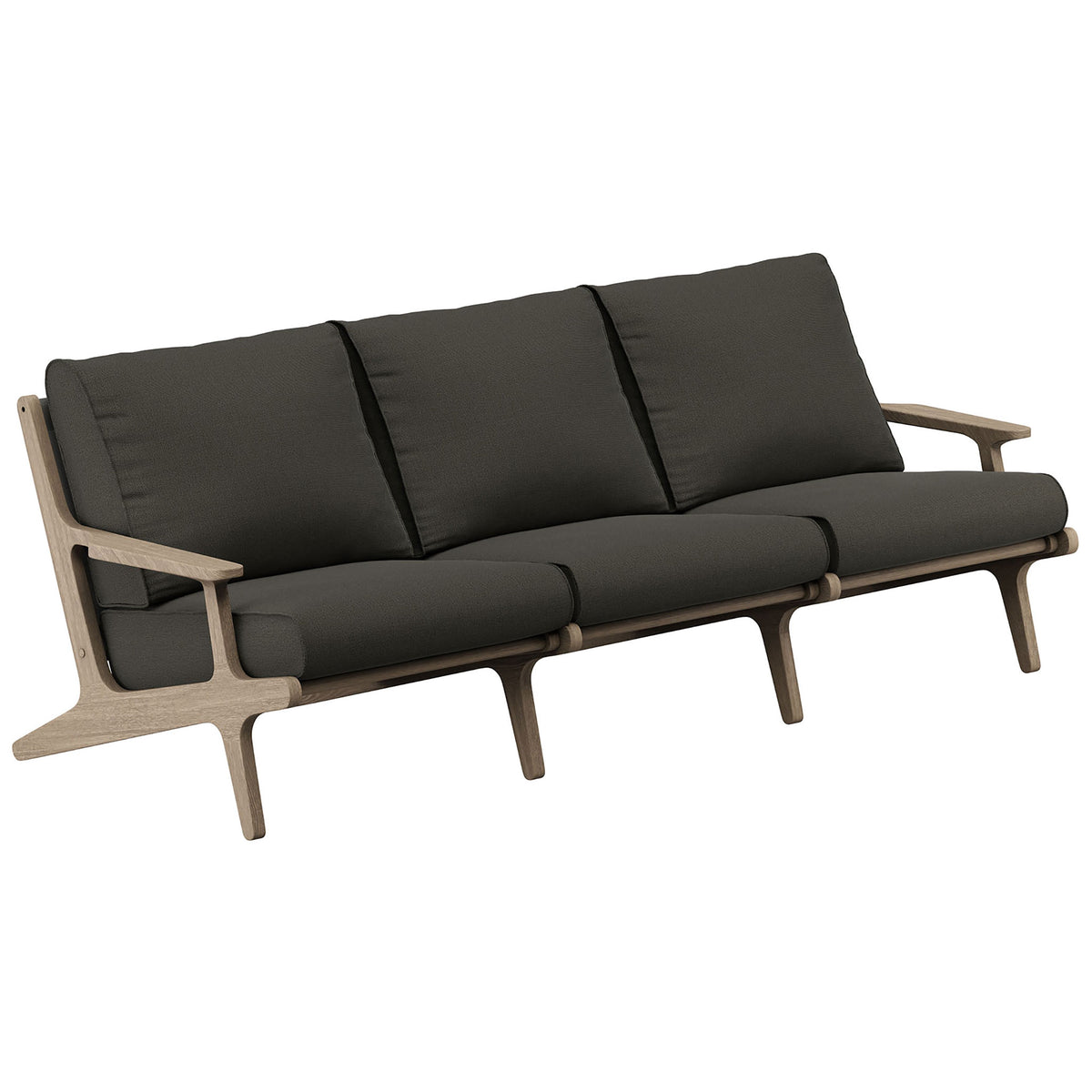 Saratoga teak outdoor sofa with flint gray cushions and sculpted arms for three-person lounging || EEI-7249-WGR-FLI || front_angle_studio