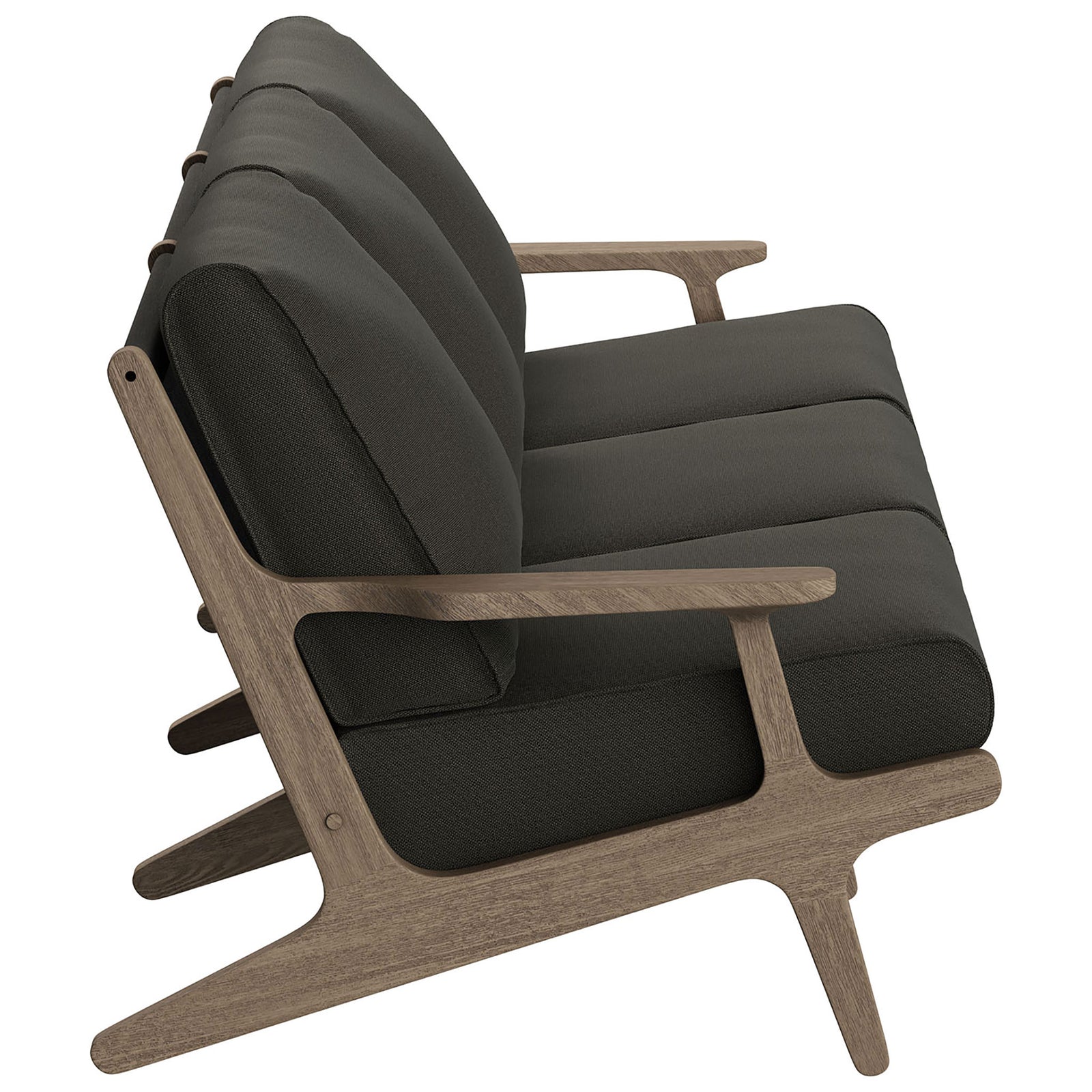 Teak patio sofa showcasing slim tapered legs, angled backrest, and deep flint gray cushions || EEI-7249-WGR-FLI || side_studio