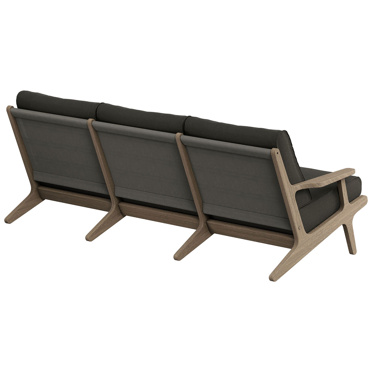 Outdoor teak sofa featuring breathable fabric back panels and sturdy tri-leg frame support || EEI-7249-WGR-FLI || back_angle_studio
