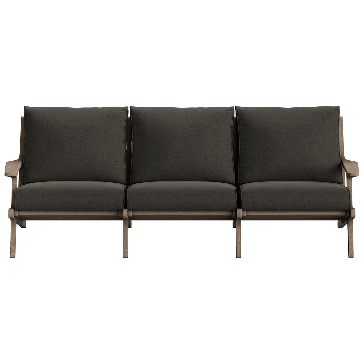 Three-seat Saratoga teak patio sofa with plush flint gray cushions and low-profile modern frame || EEI-7249-WGR-FLI || front_studio