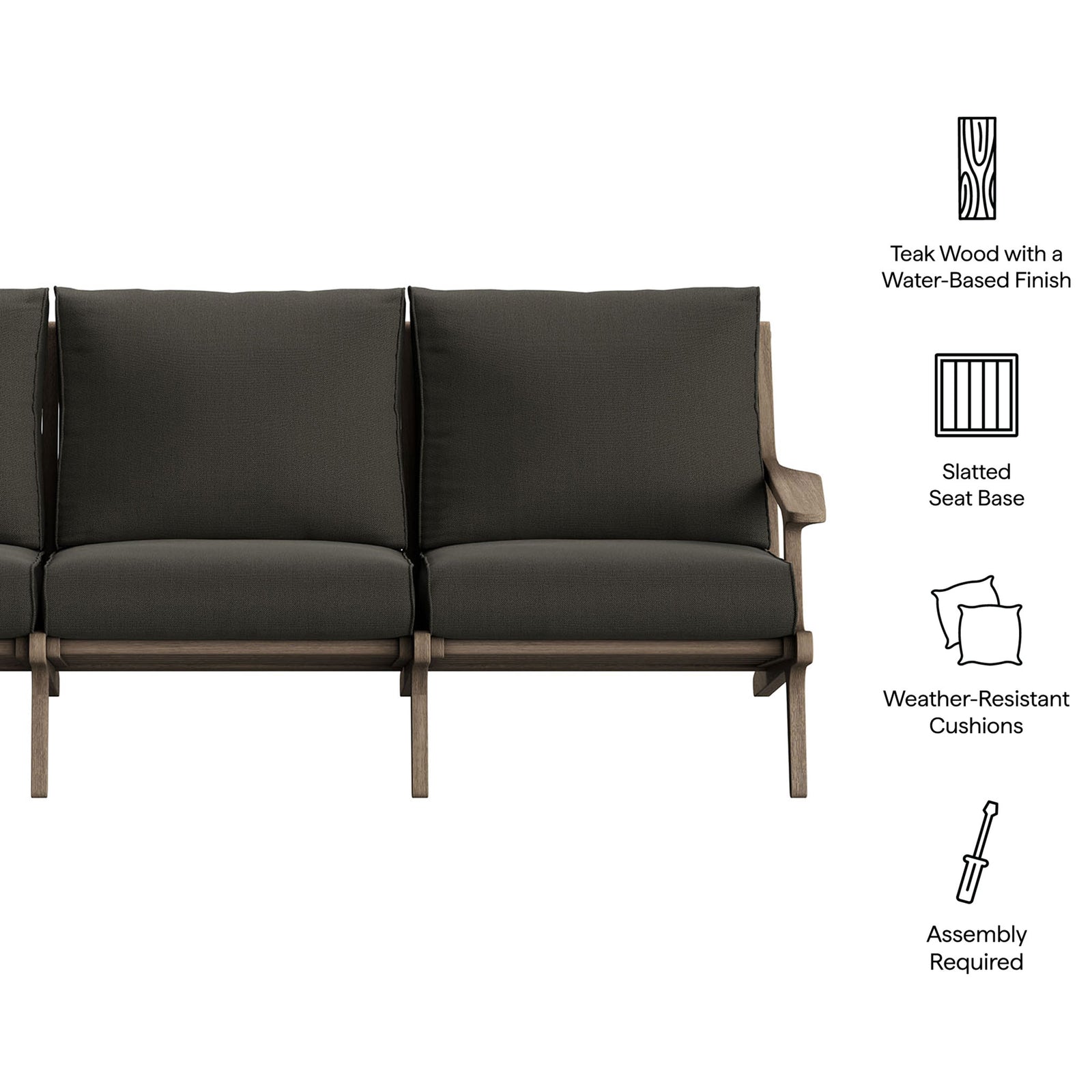Teak patio sofa with graphic callouts highlighting slatted seat base and weather-resistant cushions || EEI-7249-WGR-FLI || callout_studio