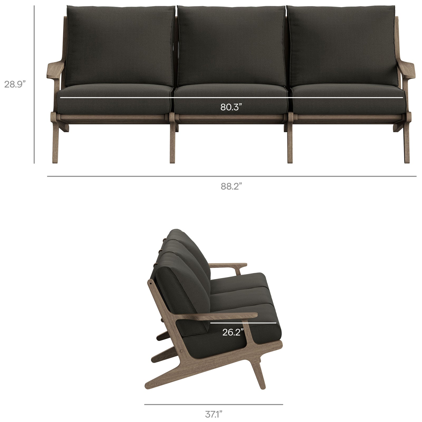 Dimension guide for Saratoga three-seat teak sofa with overall width 88.2 inches and depth 37.1 inches || EEI-7249-WGR-FLI || dimension_studio